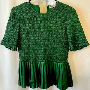 Zara XS Green leather-like top with ruffle sleeves and pleated bottom.